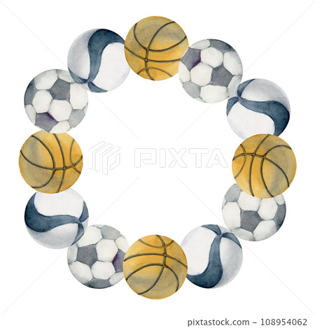 Hand drawn watercolor sports equipment, basketball volleyball soccer football, health fitness lifestyle. Illustration isolated wreath frame white background. Design poster, print, website, card, shop Hand drawn watercolor sports equipment, basketball volleyball soccer football, health fitness lifestyle. Illustration isolated wreath frame white background. Design poster, print, website, card, shop 108954062