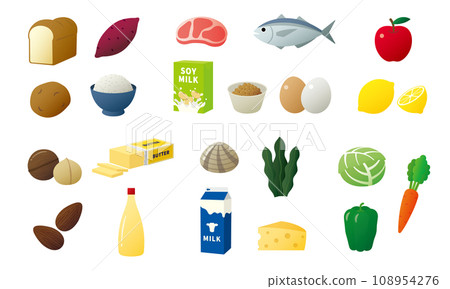 Icon set of list of foods representing nutrients 108954276