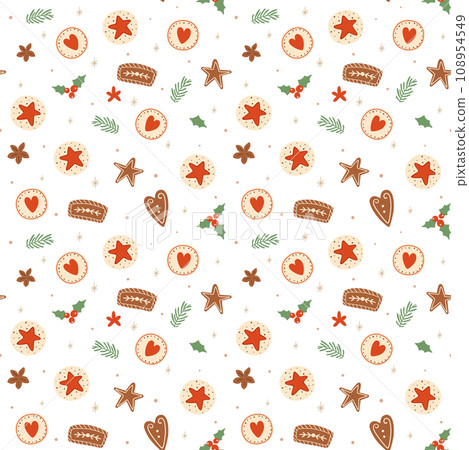Christmas cookies seamless pattern Vector tasty gingerbread background, winter holiday pastry wallpaper. Christmas cookies seamless pattern Vector tasty gingerbread background, winter holiday pastry wallpaper. 108954549