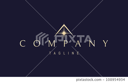 A vector golden logo with an abstract image of a shining star on a mountain background. A vector golden logo with an abstract image of a shining star on a mountain background. 108954934