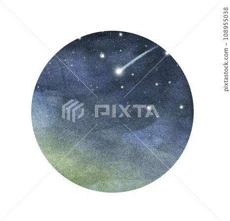 Watercolor night sky in circle. Falling meteorite, comet in the starry space sky.  108955038
