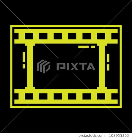 Pixel silhouette icon. Part of old 35 mm photo film. World cinema day December 28th. Simple black and yellow vector Pixel silhouette icon. Part of old 35 mm photo film. World cinema day December 28th. Simple black and yellow vector 108955203
