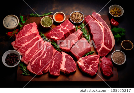 Set of various raw steaks like chateau mignon, t-bonnet, tomahawk, striploin, tenderloin, tenderloin, new york steak. 108955217