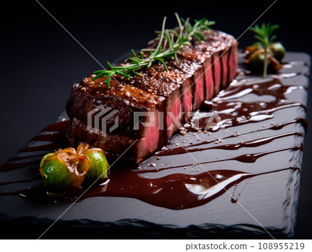 Closeup view of Beef Rib Eye steak on plate. Slices of juicy beef steak or angus steak 108955219