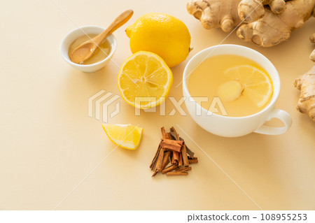 Ginger tea and ingredients - lemon, ginger, honey, Ginger tea and ingredients - lemon, ginger, honey, 108955253