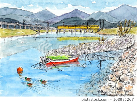 A small boat floating on the river in winter 108955267