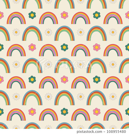 Vector seamless pattern with rainbows and daisies in a trendy groovey retro 70s style.Vector illustration for design and print Vector seamless pattern with rainbows and daisies in a trendy groovey retro 70s style.Vector illustration for design and print 108955480