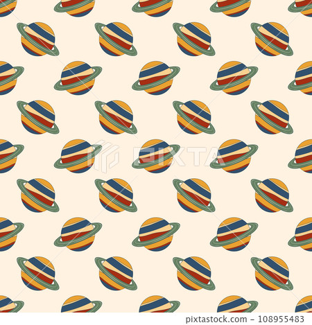 Seamless pattern with planets in a trendy retro groove 70s style.Vector illustration for design and print. 108955483