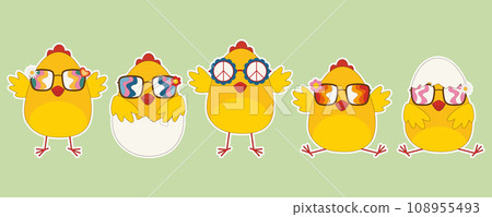 Vector collection of groovy easter chicks. Trendy retro 60s, 70s.Vector illustration for design or print Vector collection of groovy easter chicks. Trendy retro 60s, 70s.Vector illustration for design or print 108955493