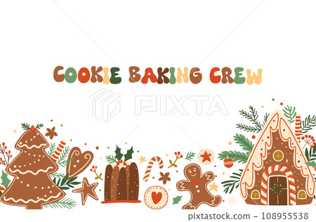 Christmas baking crew banner decorated gingerbread house, cookies, pudding, dessert. Tasty vector food illustration. Christmas baking crew banner decorated gingerbread house, cookies, pudding, dessert. Tasty vector food illustration. 108955538