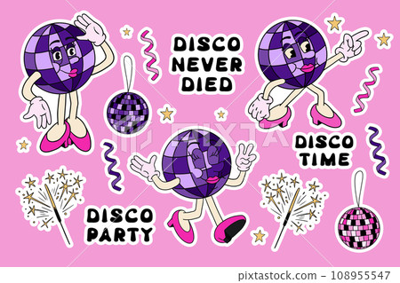 90s style sticker set with female disco ball character. Vintage funny cartoon character, disco party related items, groovy hand drawn lettering. Perfect for printout, stickers, prints 108955547