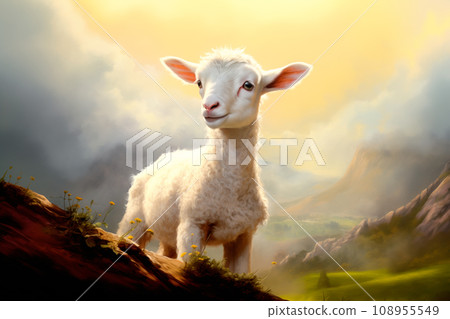 A lamb standing in a green grassy field and clouds against the blue skies. Innocence and sacrifice concept. No people A lamb standing in a green grassy field and clouds against the blue skies. Innocence and sacrifice concept. No people 108955549