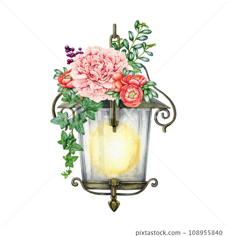 Vintage style metal lantern with garden flower decor. watercolor painted illustration. Hand drawn old garden lamp with floral decor. Beautiful flowers on a lantern decoration. White background 108955840