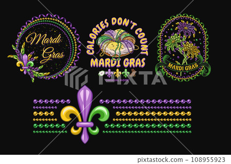 Carnival Mardi Gras labels with Fleur de Lis, holiday food, party streamers, strings of beads, text Vintage illustrations on black background For prints, clothing, t shirt, holiday goods, stuff design 108955923