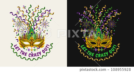 Carnival funny Mardi Gras label with yellow masquerade mask, feathers, flying apart party streamers, confetti, text Let the Crazy out. For prints, clothing, t shirt, surface design. Vintage style 108955928