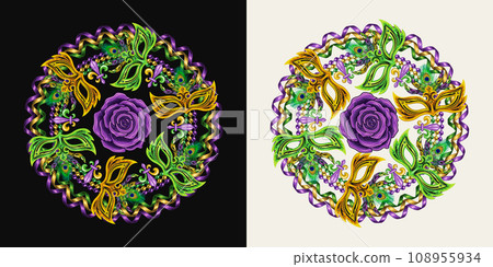 Circular carnival Mardi Gras composition with rose, party streamers, string of beads, masquerade masks, Fleur de lis symbol. For prints, clothing, t shirt, plate, surface design. Vintage style Not AI Circular carnival Mardi Gras composition with rose, party streamers, string of beads, masquerade masks, Fleur de lis symbol. For prints, clothing, t shirt, plate, surface design. Vintage style Not AI 108955934