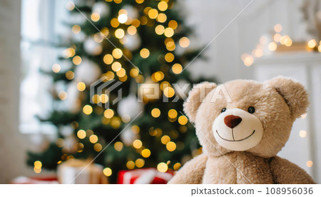 Christmas tree and cute teddy bear, AI generated image 108956036