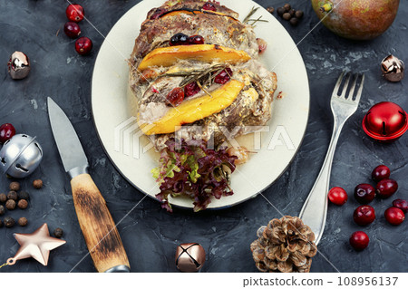 Pork roll filled with mango. Pork roll filled with mango. 108956137