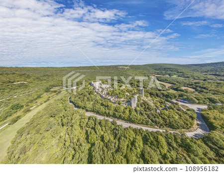 Drone shot of historical geyser town Dvigrad on Croatian peninsula Istria 108956182