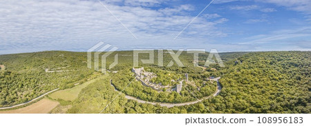 Drone shot of historical geyser town Dvigrad on Croatian peninsula Istria 108956183