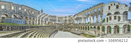 View inside the Roman amphitheater in the Croatian city of Pula without people View inside the Roman amphitheater in the Croatian city of Pula without people 108956212