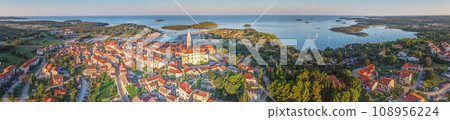 Panoramic drone picture of the Croatian harbor town of Vrsar on the Limski Fjord from the church bell tower 108956224
