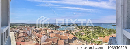 Panoramic picture of the Croatian harbor town of Vrsar on the Limski Fjord from the church bell tower 108956229