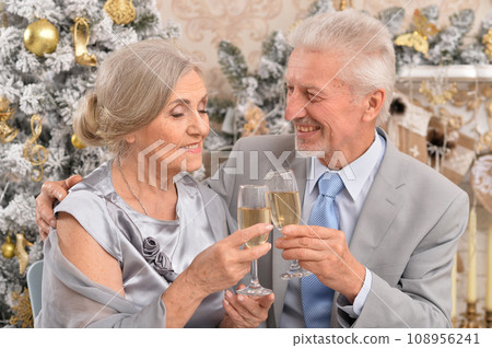 Old couple with champagne celebrating Christmas near tree 108956241