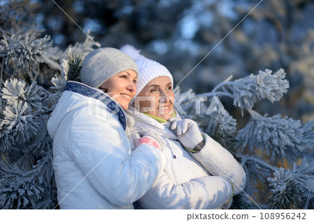 Portrait of happy women in winter clothes posing outdoors Portrait of happy women in winter clothes posing outdoors 108956242