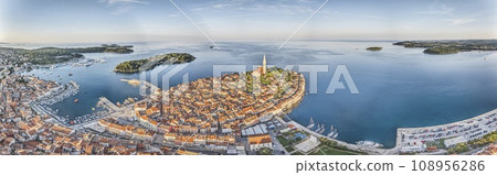 Drone image of the historic Croatian coastal town of Rovinj during sunrise 108956286