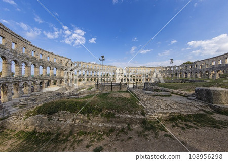 View inside the Roman amphitheater in the Croatian city of Pula without people View inside the Roman amphitheater in the Croatian city of Pula without people 108956298