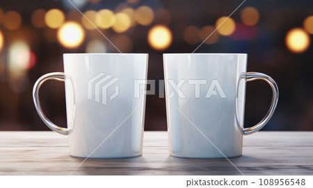 Two White Mugs Mockup Against the Background of Blurred Lights 108956548