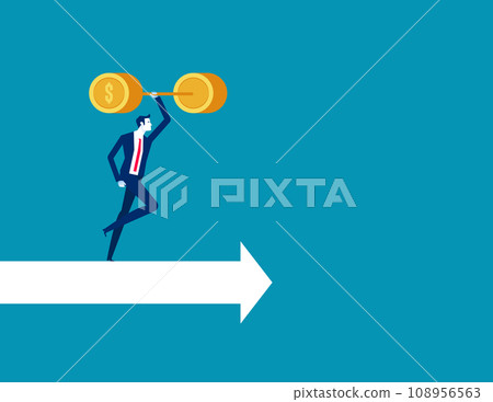 Leader lifting weights and moving on arrow. Business vector illustration 108956563