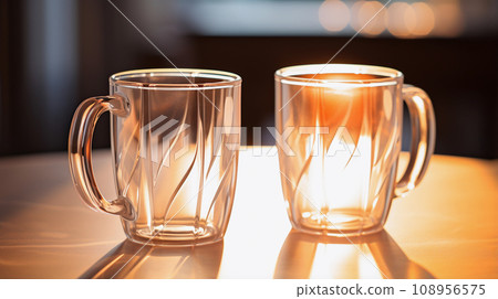 Two Glass Mugs Mockup Against the Background of Blurred Lights Two Glass Mugs Mockup Against the Background of Blurred Lights 108956575