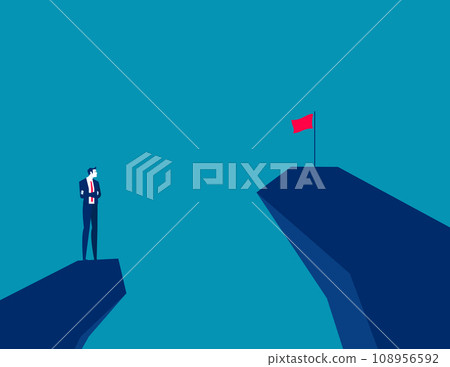 Man on a mountain peak looking at the flag on another peak. Business vector illustration 108956592