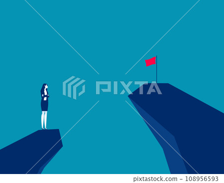 Woman on a mountain peak looking at the flag on another peak. Business vector illustration Woman on a mountain peak looking at the flag on another peak. Business vector illustration 108956593