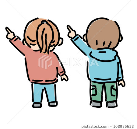 Full-body illustration of a boy and a girl pointing to the upper left 108956638