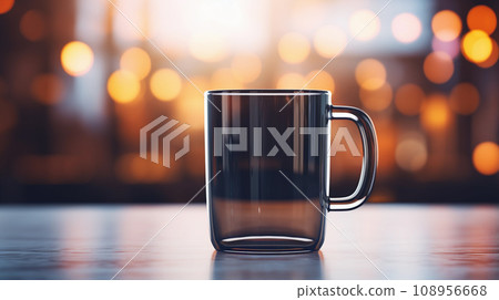 Black Glass Mug Mockup Against the Background of Blurred Lights 108956668