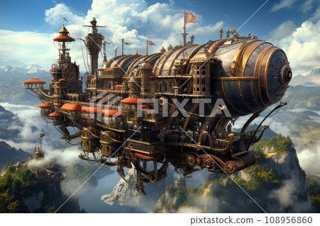 A steampunk airship, powered by a combination of steam engines and magic, soars through the skies of a Victorian-inspired world A steampunk airship, powered by a combination of steam engines and magic, soars through the skies of a Victorian-inspired world 108956860