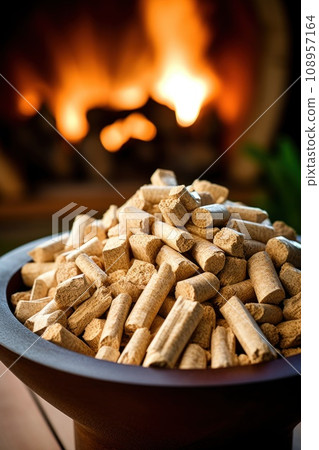 Special fireplace pellets for starting fire made from sawdust in wood bowl on fire backdrop. 108957164