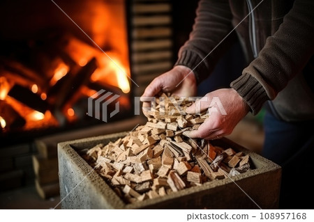 Male hands with small fireplace pellets, ready to ignite warm fire. Fireplace on backdrop. 108957168