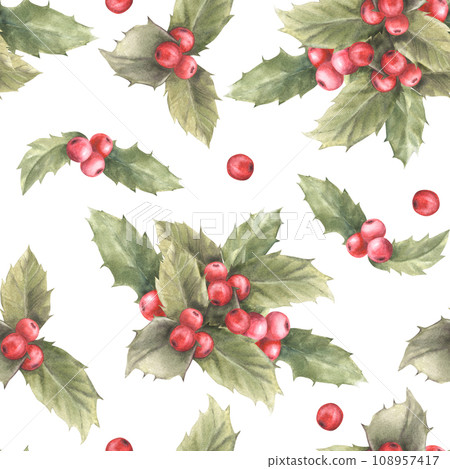 Watercolor painted illustration of red holly leaves and berries. Seamless pattern. Traditional plant for Christmas or New Year decor, gift wrapping, cover art, wallpaper. Isolated on white background 108957417