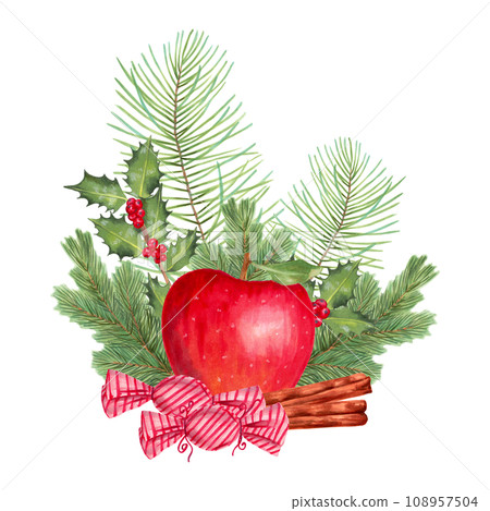 Christmas composition of red apple with pine and spruce branches, holly branch, cinnamon caramel candies. Fruit holiday design for New Year, Christmas. Watercolor and marker art. Hand drawn isolated 108957504