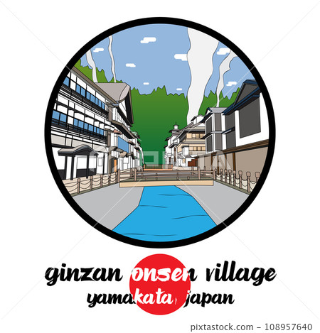 Circle Icon line Ginzan Onsen Village. vector illustration 108957640