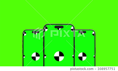 3D render of three smartphone with a green background. Rotating in screen. With a green screen for easy keying. Computer generated image. Easy customizable. 3D Illustration. 108957751