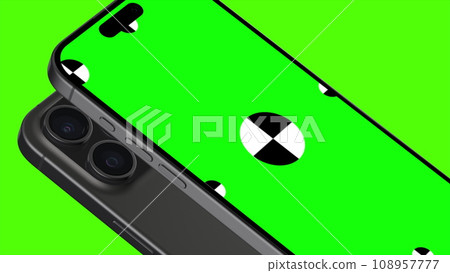 3D render of two smartphone with a green background. Rotating in screen. With a green screen for easy keying. Computer generated image. Easy customizable. 3D Illustration. 3D render of two smartphone with a green background. Rotating in screen. With a green screen for easy keying. Computer generated image. Easy customizable. 3D Illustration. 108957777