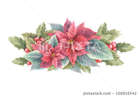Watercolor painted composition of red poinsettia, holly leaves, berries Illustration Christmas and New Year plant symbol for your card design, winter holiday celebrate decor. Isolated white background 108958542