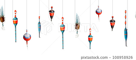 Fishing floats on lines seamless border. Watercolor drawing of cork bobbler angling equipment on white background. Fishery floater tackle gear painting hand drawn. Freshwater outdoor sport hobby 108958926