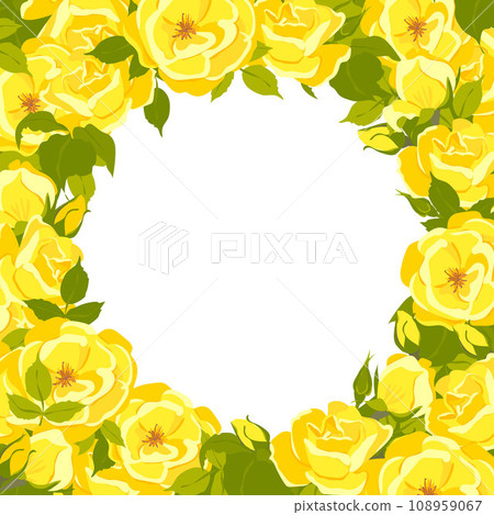 Vector square frame with yellow rose flowers and leaves on white. Summer flowers for wedding card, romantic valentine, greeting card, invitation or posters. 108959067
