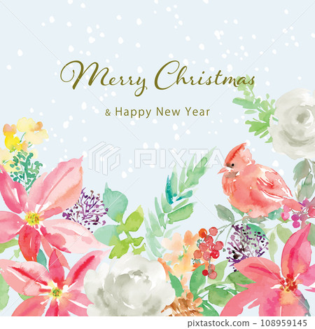 一品紅和紅衣主教畫水彩的聖誕卡插圖 108959145